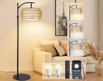 Boho Rattan Arc Floor Lamp, Dimmable LED Standing Light, Adjustable Height (Remote Control)