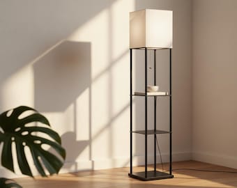 Modern Wood Shelf Floor Lamp, 3-Tier Organizer Tower, Adjustable CCT LED Bulb