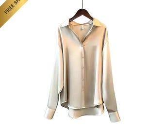 Elegant Satin Blouse Women, Minimalist Silk Shirt, Officewear Long Sleeve