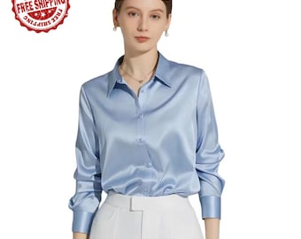 Blusa minimalista de satén para mujer, elegante camisa de seda de manga larga, blusa brillante con botones.