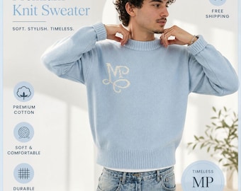 Men's Blue Knit Sweater, Y2K Harajuku Oversized Streetwear Pullover