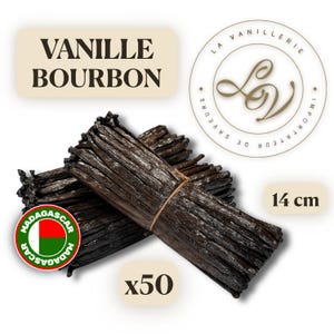 Może przedstawiać: Pęczek 50 ciemnobrązowych lasek wanilii Bourbon o długości 14 cm, związanych cienką gumką. Obraz zawiera napis VANILLE BOURBON, okrągłe logo La Vanillerie oraz emblemat z flagą Madagaskaru.