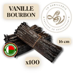 Może przedstawiać: Pęczek 100 ciemnobrązowych lasek wanilii Bourbon o długości 16 cm. Obraz zawiera tekst VANILLE BOURBON, okrągłe logo La Vanillerie oraz okrągły emblemat z flagą Madagaskaru i napisem MADAGASCAR.