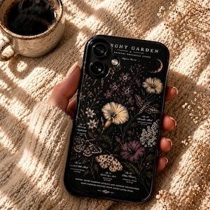 Funda para teléfono Vintage Dark Botanical con diseño de jardín nocturno, polilla floral, funda para iPhone con estética de estudio de insectos antiguos, funda para Samsung Galaxy con estética de naturaleza sombría.