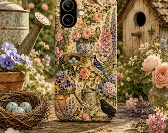 Angielski domek ogrodowy Ptaki Etui na telefon Vintage Botanical Birdhouse Floral Garden Etui na iPhone'a Samsunga Błyszcząca obudowa