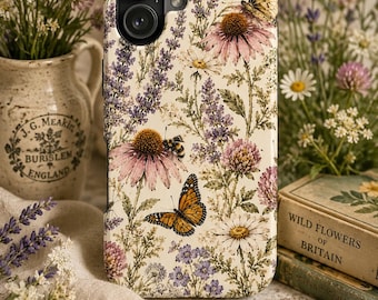 Vintage Wildflower Meadow Phone Case with Butterflies Bees Lavender Botanical Cottage Garden Floral