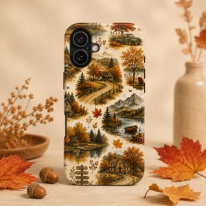 May include: A phone case featuring a repeating autumn-themed pattern with illustrations of rustic houses, a vintage truck, mountains, lakes, boats, and maple leaves in shades of orange, yellow, and brown, including a signpost labeled Fall Leaves.