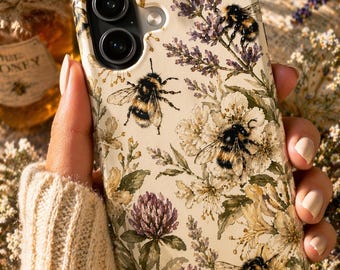 Etui na telefon z motywem dzikiej pszczoły w kremowym kolorze z motywem botanicznym na iPhone'a, z motywem lawendy i kwiatów, Cottagecore, estetyczne, neutralne etui na telefon z motywem kwiatów, ogród natury