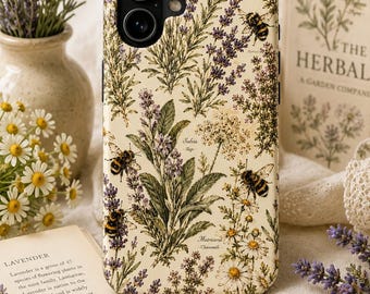 Etui na telefon Vintage Botanical Bee Cottage Garden, Estetyczny Lawendowy Ziołowy Kwiatowy Etui na iPhone'a z Dzikim Kwiatem i Przyrodą