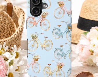Pastel Vintage Bicycle Phone Case Pattern | Light Blue Summer Bicycle Case Cottagecore Floral Bike iPhone Case | Grandmillennial Phone Case