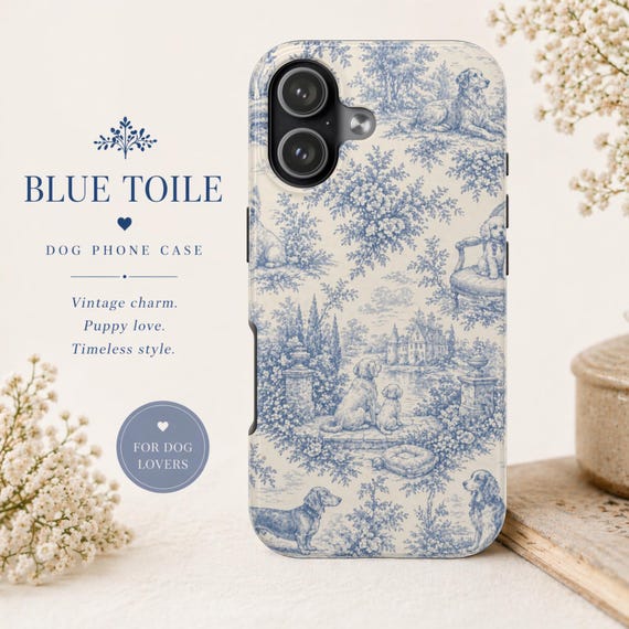 Blue Toile Dog Phone Case Vintage French Country Puppy Pattern Cute Aesthetic iPhone Samsung Case