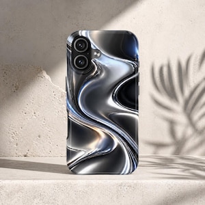 May include: A smartphone case with a glossy, metallic silver and black liquid design. The case has a dual-lens camera cutout and a sleek, modern aesthetic. The case is designed to protect the phone while adding a stylish look.