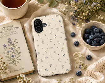 Blueberry Meadow Floral Phone Case Watercolor Wildflower iPhone Case Cottagecore Botanical Samsung Case Soft Blue Floral Cover