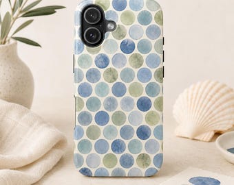 Watercolor Blue & Sage Polka Dot Phone Case Coastal Cottage Aesthetic iPhone Case Vintage Dot Pattern Soft Blue Green Case
