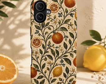 Etui na telefon z motywem cytrusów i botanicznym w stylu vintage, pomarańczy i cytryny, śródziemnomorski styl Cottagecore, owocowy pokrowiec, prezent dla niej