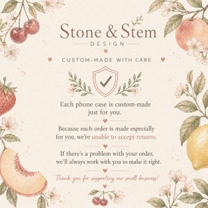Pode incluir: Gr&aacute;fico em estilo aquarela com o texto "Stone & Stem Design" e "Custom-Made With Care". A imagem inclui ilustra&ccedil;&otilde;es de frutas e flores, com texto que indica que as capas de telefone s&atilde;o personalizadas.
