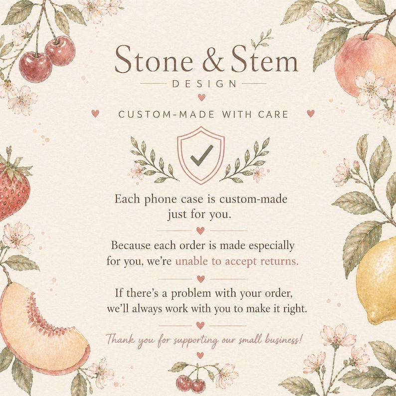 Pode incluir: Gr&aacute;fico em estilo aquarela com o texto "Stone & Stem Design" e "Custom-Made With Care". A imagem inclui ilustra&ccedil;&otilde;es de frutas e flores, com texto que indica que as capas de telefone s&atilde;o personalizadas.