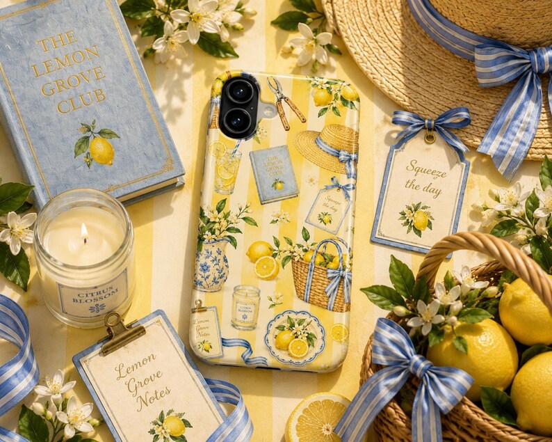 May include: A smartphone case featuring a yellow and white striped pattern decorated with illustrations of lemons, a straw hat, a wicker basket, a blue and white vase, a candle, and a book titled The Lemon Grove Club with a blue ribbon.