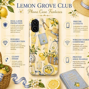 May include: A phone case featuring a yellow and white striped background with a pattern of lemons, a straw hat, a blue book, a basket, and a candle. The image includes text detailing features like dual-layer protection and wireless charging.