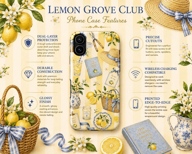 May include: A phone case featuring a yellow and white striped background with a pattern of lemons, a straw hat, a blue book, a basket, and a candle. The image includes text detailing features like dual-layer protection and wireless charging.