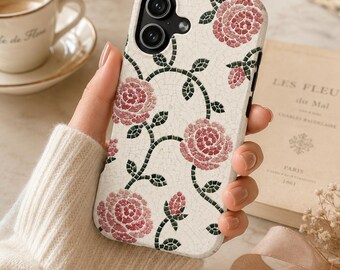 Etui na telefon Vintage Rose Mosaic Floral Tile Estetyczne etui Neutral Cottagecore iPhone Case Feminine Art Nouveau Cover