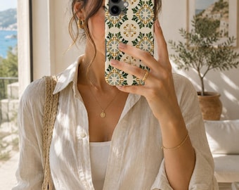 Mediterranean Tile Phone Case Green Botanical Tile Pattern Case Italian Ceramic Inspired Tough iPhone Case Neutral European Cover