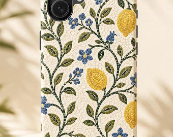Mediterranean Lemon Mosaic Phone Case Italian Tile Botanical iPhone Case Blue Floral Citrus Samsung Case Coastal Aesthetic Cover