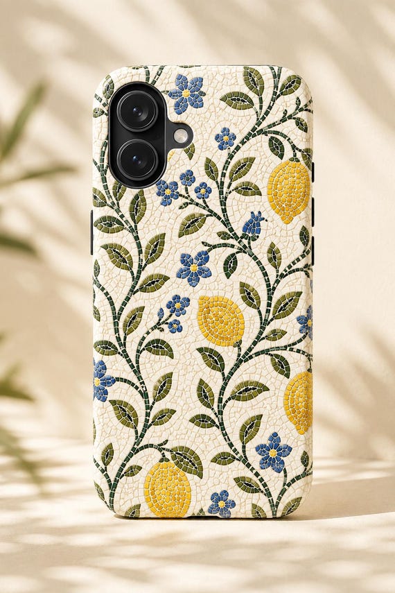 Mediterranean Lemon Mosaic Phone Case Italian Tile Botanical iPhone Case Blue Floral Citrus Samsung Case Coastal Aesthetic Cover