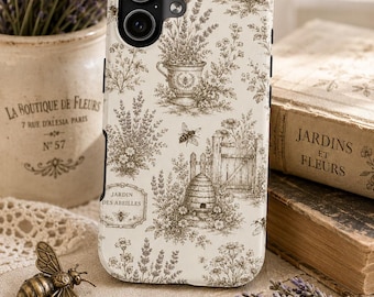 Etui na telefon French Bee Garden Toile w stylu vintage z motywem botanicznym na iPhone'a, Cottagecore, lawendowy ul, kwiatowy prezent dla miłośnika natury