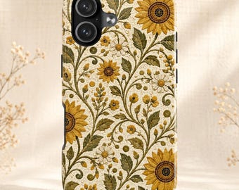Etui na telefon z motywem słonecznika w stylu vintage, neutralne, kwiatowe etui na iPhone'a, botaniczne, estetyczne etui Cottagecore, wytrzymałe etui z motywem dzikich kwiatów w stylu retro, prezent dla niej