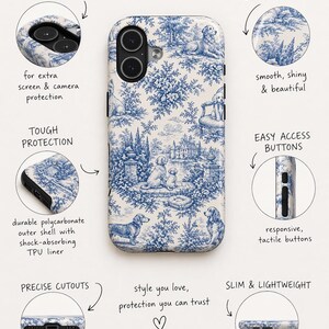K&ouml;nnte beinhalten: Eine blau-wei&szlig;e Handyh&uuml;lle mit einem Toile-de-Jouy-Design mit Hunden, B&auml;umen und Geb&auml;uden. Die H&uuml;lle hat erh&ouml;hte Kanten, eine gl&auml;nzende Oberfl&auml;che und leicht zug&auml;ngliche Tasten. Der Text auf der H&uuml;lle lautet "Phone Case Features".