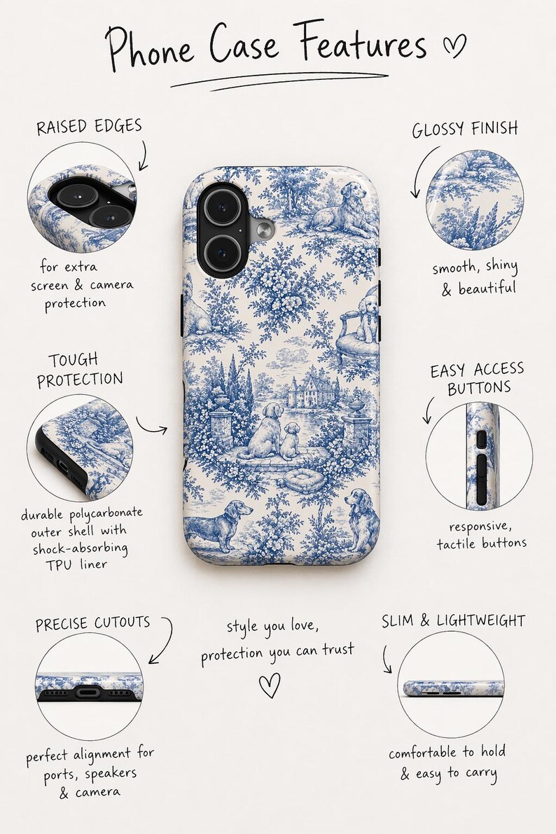 K&ouml;nnte beinhalten: Eine blau-wei&szlig;e Handyh&uuml;lle mit einem Toile-de-Jouy-Design mit Hunden, B&auml;umen und Geb&auml;uden. Die H&uuml;lle hat erh&ouml;hte Kanten, eine gl&auml;nzende Oberfl&auml;che und leicht zug&auml;ngliche Tasten. Der Text auf der H&uuml;lle lautet "Phone Case Features".
