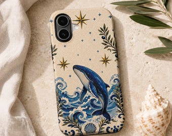 Mediterranean Whale Mosaic Phone Case Blue Coastal Tile Pattern Ocean Waves Nautical iPhone Case Vintage Italian Amalfi Style Gift