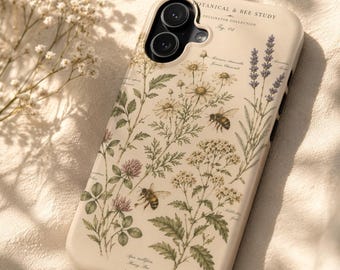 Custodia per telefono botanica con ape, estetica vintage con fiori selvatici, impollinatore, giardino, cottagecore, natura, custodia per iPhone, design floreale antico con ape