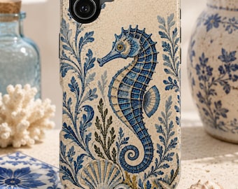 Vintage Blue Seahorse Mosaic iPhone Case Coastal Cottage Phone Case Mediterranean Tile Ocean Inspired Tough Phone Case