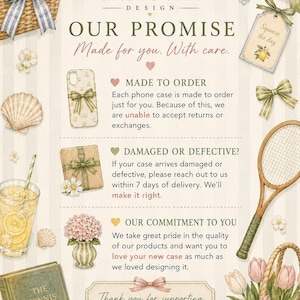 May include: An informational graphic for Stone & Stem Design featuring illustrations of a wicker basket, straw hat, tennis racket, phone case, and books. Text includes 'Our Promise', 'Made to order', 'Damaged or defective?', and 'Thank you'.