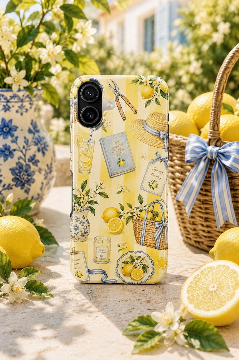 May include: A yellow and white striped phone case featuring a pattern of lemons, a straw hat, a blue and white pitcher, a wicker basket, a book titled The Lemon Grove Club, a glass of lemonade, and a candle with the text Citrus Blossom.