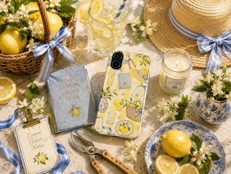 Vintage Lemon Grove Club iPhone Case Cottagecore Citrus Blue Bow Phone Case Vintage Summer Lemon Aesthetic Case image 5