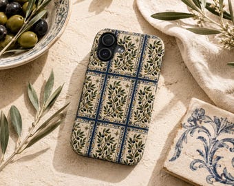 Mediterranean Olive Tile Phone Case Blue White Ceramic Pattern Italian Coastal iPhone Samsung Tough Protective Case