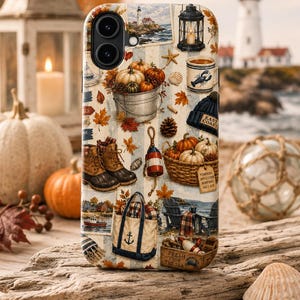 May include: A smartphone case featuring a collage of coastal and autumn imagery, including pumpkins in a metal bucket, a basket with pumpkins, a navy beanie with the text East Coast, brown boots, a tote bag with an anchor, and a lighthouse scene.