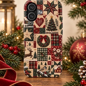 May include: A smartphone case featuring a festive patchwork design with red, green, and cream squares. The pattern includes illustrations of a Christmas tree, a wreath with a red bow, a reindeer, a small bird, a heart, and a house in the snow.