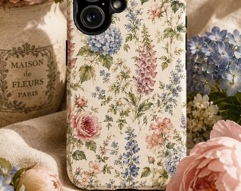 English Cottage Wildflower Garden Phone Case | Vintage Botanical Floral iPhone Case | Soft Blue Hydrangea & Blush Peony Cottagecore Cover