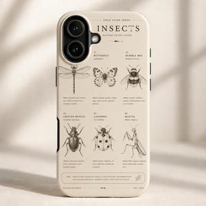 May include: A beige phone case with an insect study guide design. It features detailed illustrations of insects such as a dragonfly, butterfly, and bumble bee. The text reads "INSECTS" and "NATURE STUDY GUIDE". The case is designed for a smartphone.