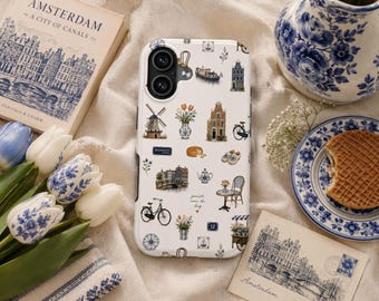 Dutch Days Phone Case Amsterdam Canal Houses Delft Blue Windmills European Living iPhone Samsung Case Gift for Her
