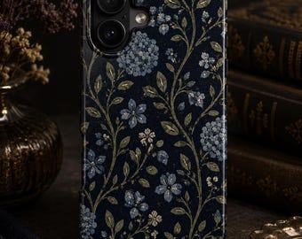 Ciemny kwiatowy futerał na telefon z mozaiką, nastrojowy botaniczny futerał na iPhone'a, granatowy kwiatowy futerał na telefon, vintage cottagecore, estetyczny prezent dla niej