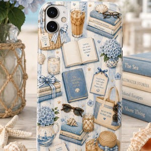 May include: A phone case featuring a coastal-themed pattern on a light blue and white striped background. The design includes illustrations of books, iced coffee, straw hats, tote bags, seashells, candles, and blue hydrangea flower arrangements.