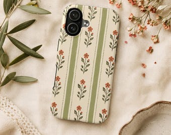 Vintage Floral Stripe Phone Case Green Botanical iPhone Case Cottagecore Floral Phone Cover Sage Stripe Phone Case Cute Wildflower Case