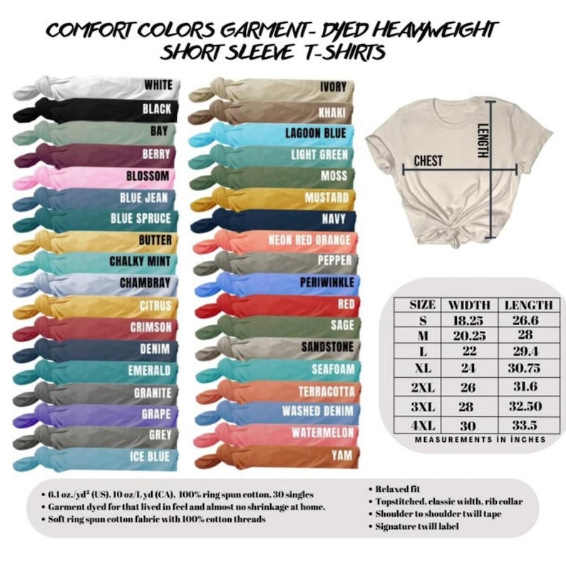 Może przedstawiać: Zdjęcie koszulek z kr&oacute;tkim rękawem Comfort Colors o dużej gramaturze w r&oacute;żnych kolorach, w tym białym, czarnym i niebieskim dżinsowym. Tabela rozmiar&oacute;w pokazuje wymiary w calach, od S do 4XL. Koszulki mają luźny kr&oacute;j z prążkowanym kołnierzem.
