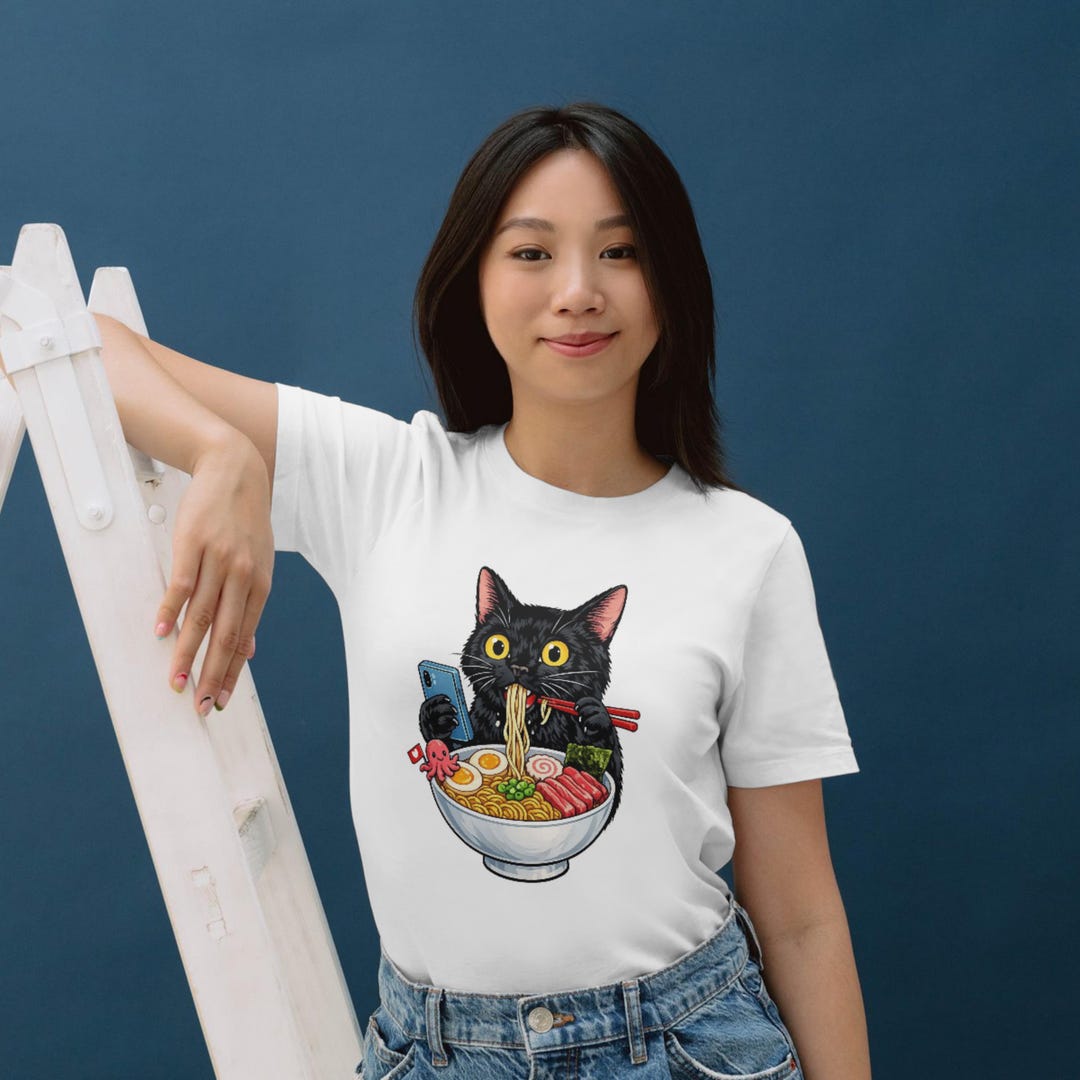 Funny Black Cat Ramen T-shirt | Kawaii Anime Cat Eating Noodles Tee - Etsy