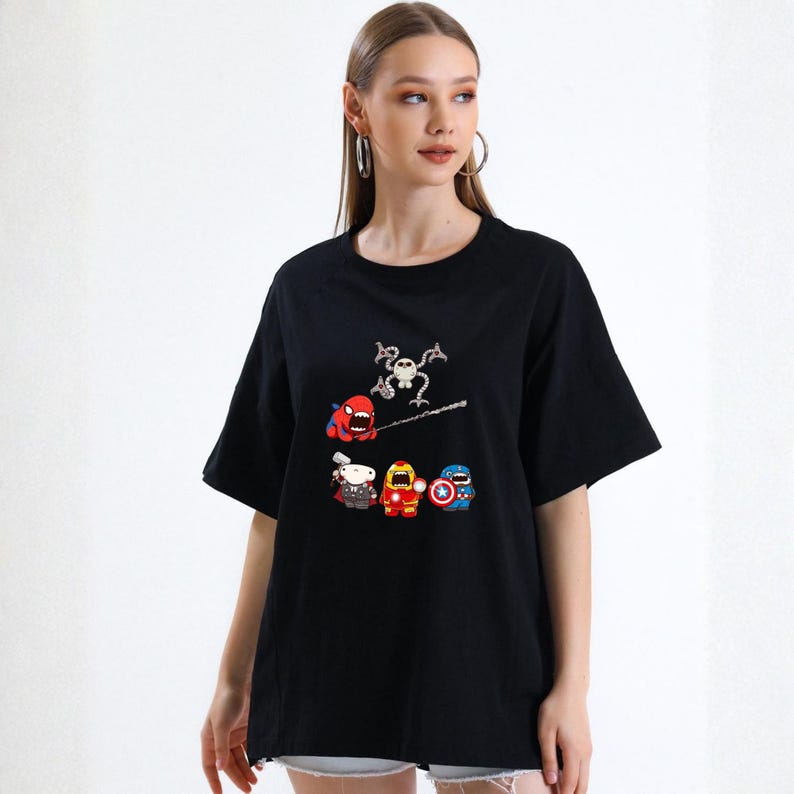 Cute Superhero Shark T-Shirt, Funny Avengers Sharks Shirt, Minimalist Marvel Fan Gift, Spider Shark Tee, Iron Man Captain America Thor Tops zdjęcie 1